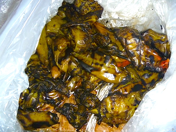 Roasted chiles in large plastic bag